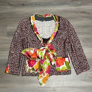 St John Couture *2/4 Cardigan Blazer Jacket Tweed Floral Tie Scarf Button Pocket